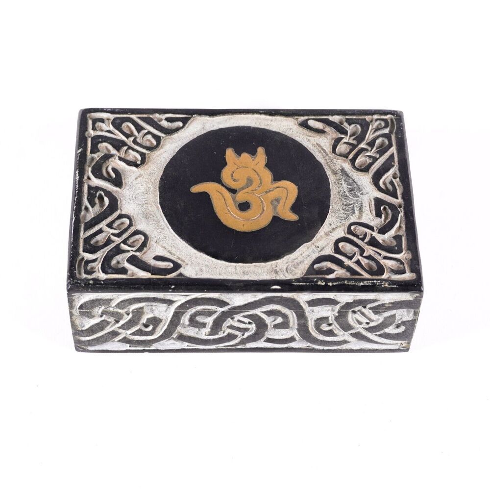 Om Spiritual Symbol 6" Carved Stone & Gold Metal Inlay Storage Container Box